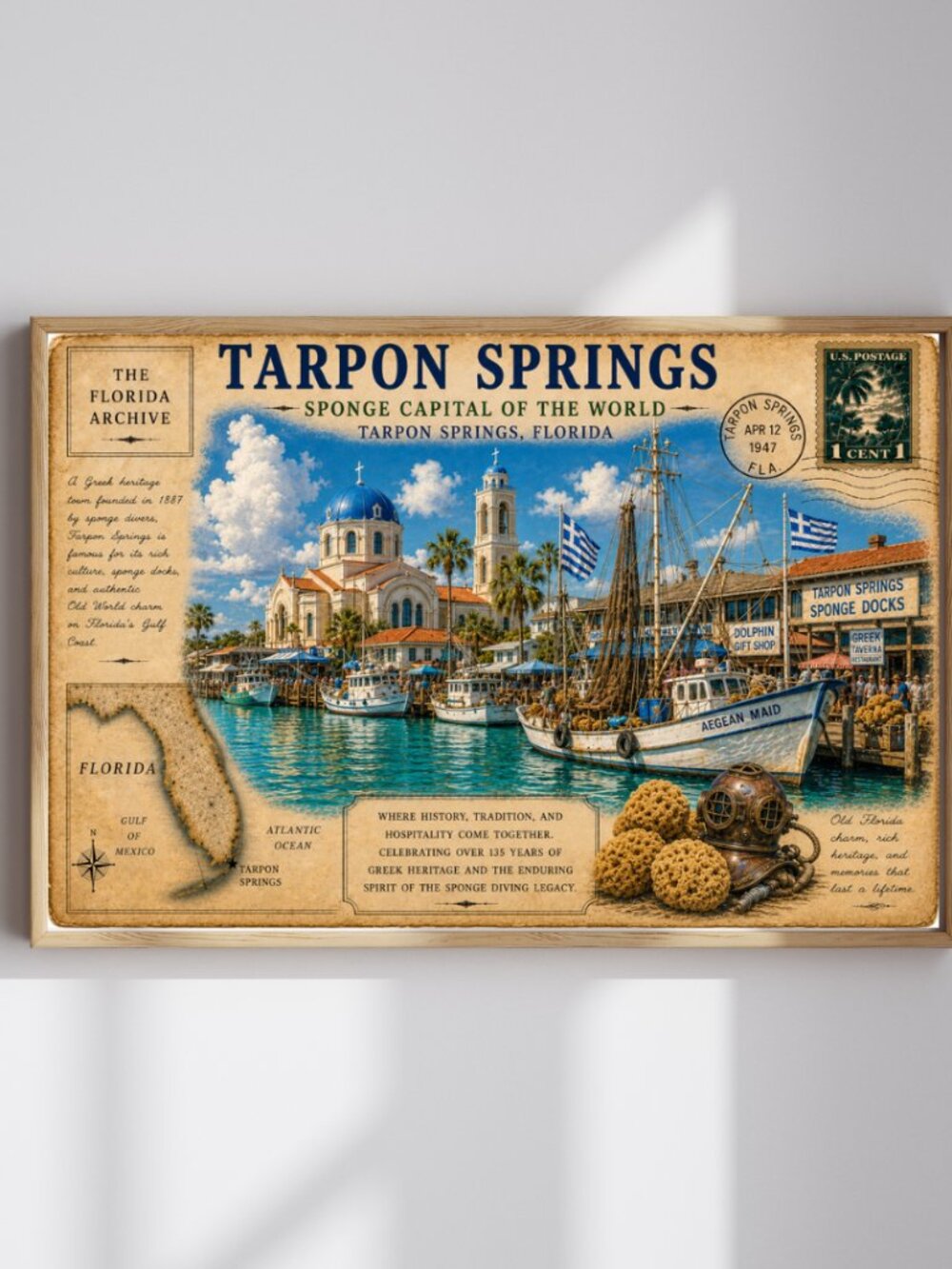 Tarpon Springs Florida Archive Print | Vintage Sponge Docks Wall Art